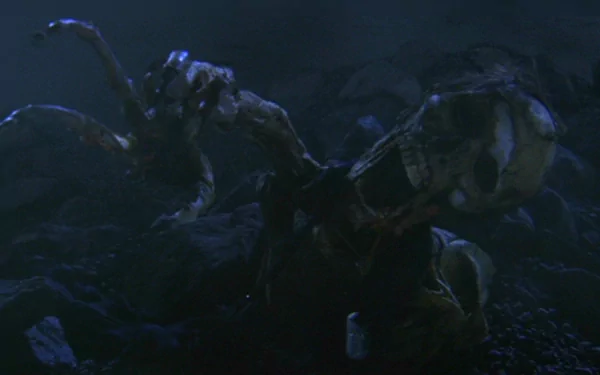 HD PC desktop wallpaper and background from the movie Starship Troopers 2: Hero of the Federation, showing a looming Arachnid creature emerging from a dark, foggy battlefield.