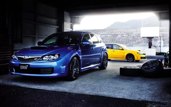 HD PC desktop wallpaper background showing two Subaru vehicles—a blue STI and a yellow hatch—parked in a dim garage with a city view.