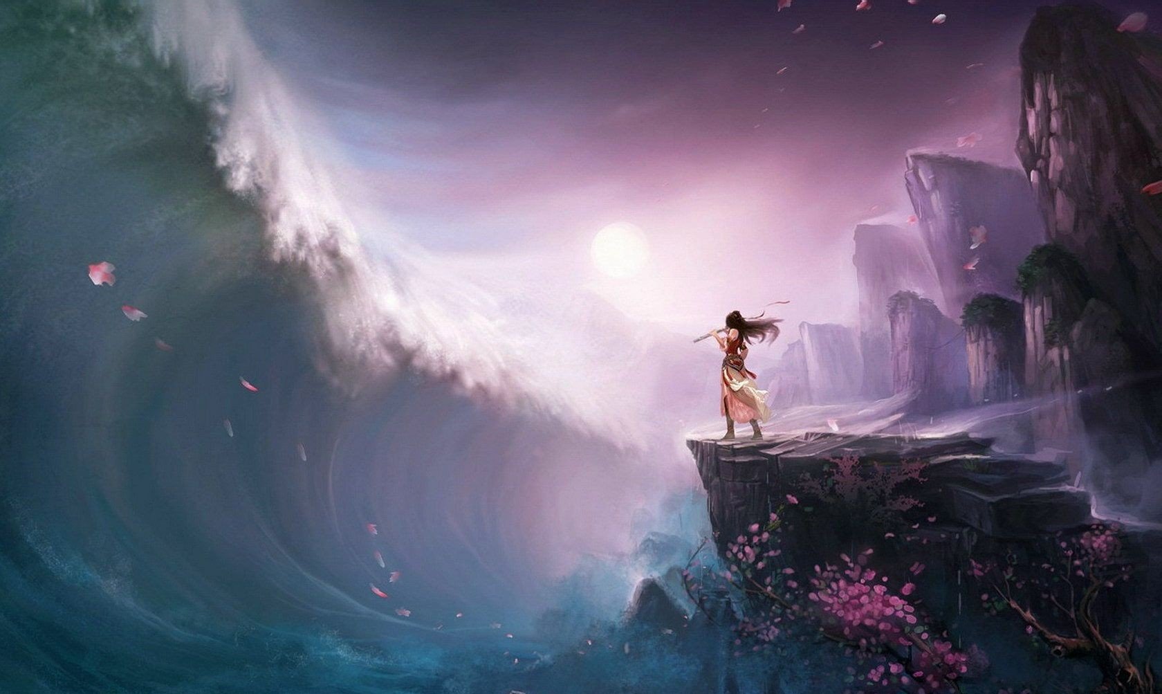 A stunning fantasy landscape featuring a lone figure on a cliff, gazing at a massive wave under a vibrant sky, creating a captivating HD desktop wallpaper and background.
