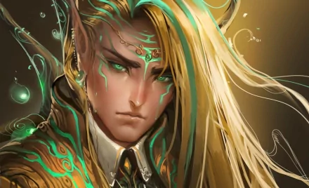 A captivating fantasy-themed HD wallpaper featuring a menacing male figure with long blonde hair and intricate green markings, exuding an air of mystery and magic.