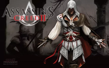 HD PC desktop wallpaper featuring a dark, dramatic image of the Assassin's Creed II protagonist in iconic white robes with a shadowy cityscape background.