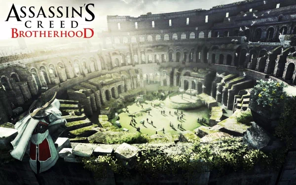 HD PC desktop wallpaper featuring a scene from the video game Assassin's Creed: Brotherhood inside an ancient Roman amphitheater with the protagonist overlooking the arena.