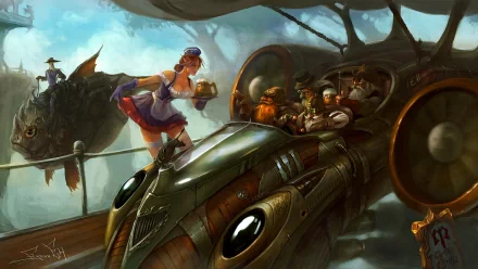 HD PC desktop wallpaper featuring a vibrant steampunk airship crew with sci-fi elements, highlighting intricate machinery and dynamic characters in a fantastical sky setting.