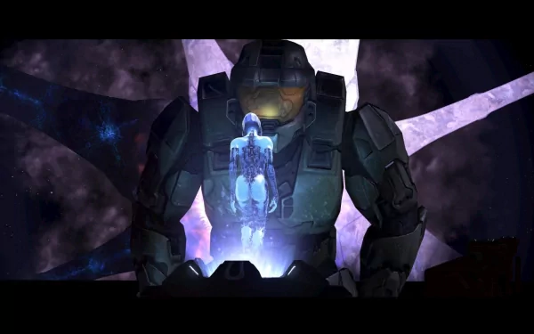 HD PC desktop wallpaper featuring a scene from the video game Halo 3, showing Master Chief holding a holographic figure against a cosmic background.
