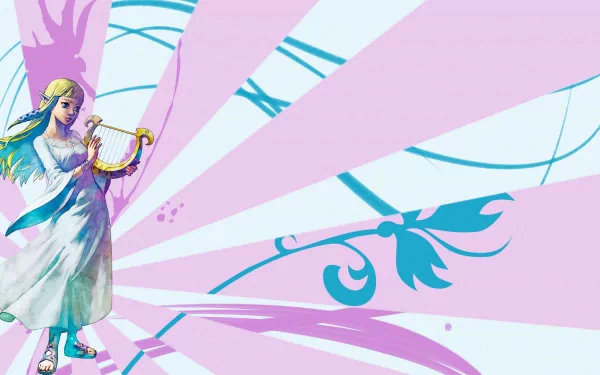HD PC desktop wallpaper of Princess Zelda from the video game The Legend of Zelda: Skyward Sword — standing with a harp against pastel pink and blue rays and stylized floral flourishes.
