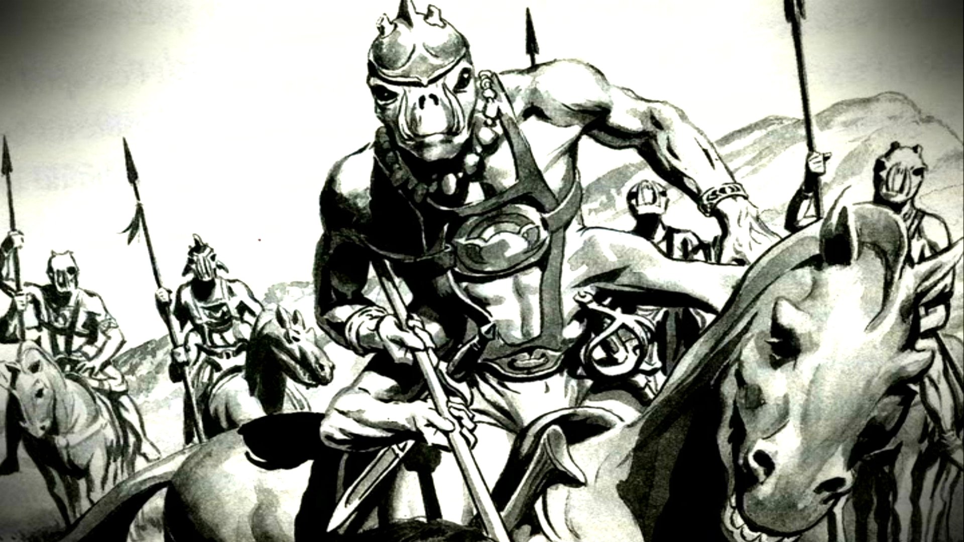 Black-and-white comic John Carter of Mars HD PC desktop wallpaper: armored John Carter and riders charging on horseback, spears raised across a stark Martian plain.
