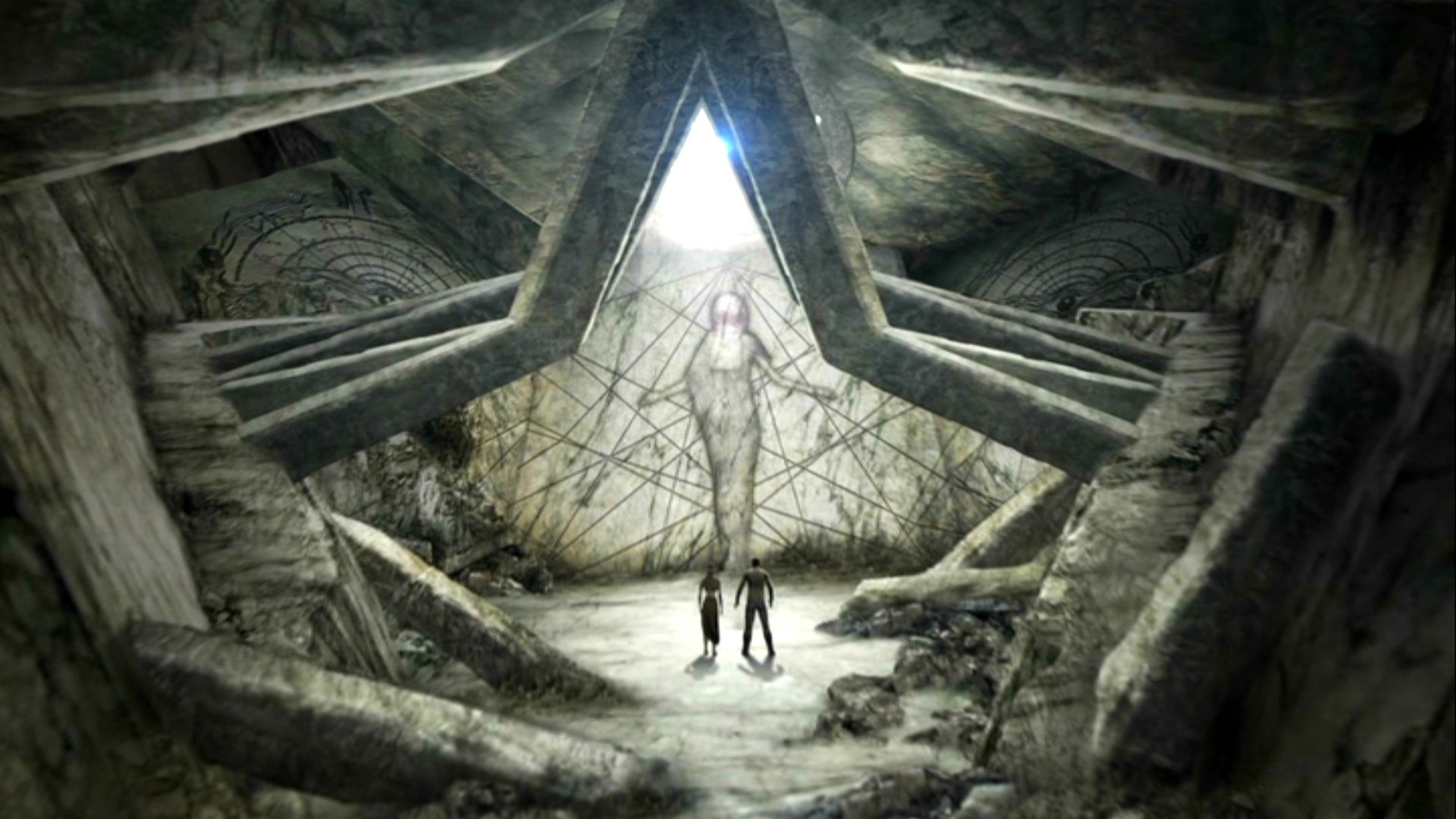 HD PC desktop wallpaper featuring a mysterious, sci-fi scene from the movie John Carter, showcasing a glowing figure inside an angular, ancient structure.