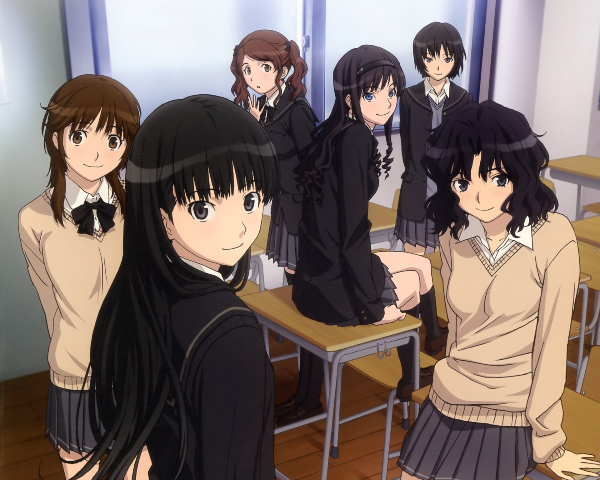 Anime-style group of six female characters from Amagami sitting and standing in a classroom, featured in an HD PC desktop wallpaper background.