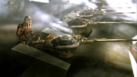 HD PC desktop wallpaper featuring a scene from the movie John Carter with a character seated near large mechanical weapons in a smoky, industrial setting.