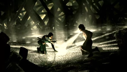 HD PC desktop wallpaper from the movie John Carter, depicting two characters in a dramatic, shadow-filled scene beneath a wooden structure.