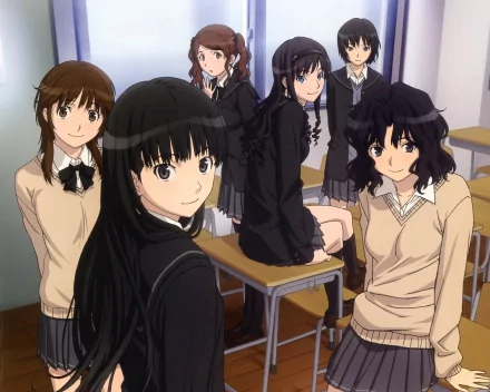 Anime-style group of six female characters from Amagami sitting and standing in a classroom, featured in an HD PC desktop wallpaper background.
