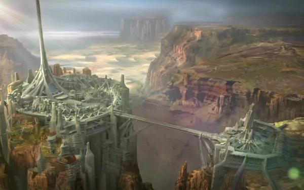HD PC desktop wallpaper featuring a sci-fi landscape from the movie John Carter, showcasing futuristic structures set against a vast, rocky terrain under a moody sky.