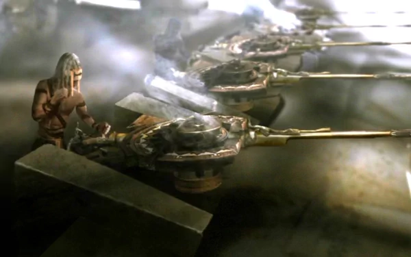 HD PC desktop wallpaper featuring a scene from the movie John Carter with a character seated near large mechanical weapons in a smoky, industrial setting.