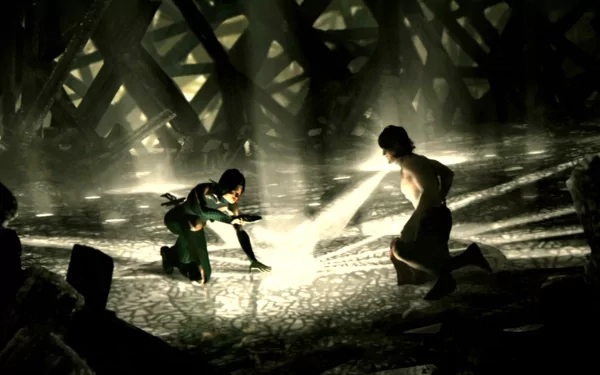 HD PC desktop wallpaper from the movie John Carter, depicting two characters in a dramatic, shadow-filled scene beneath a wooden structure.