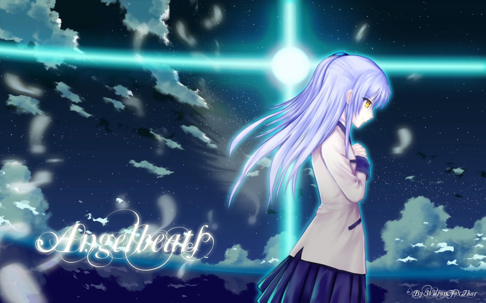 Kanade Tachibana (Angel Beats!) anime 2K Quad HD desktop wallpaper: she stands in school uniform before a glowing cross-like light and night sky, feathers drifting.