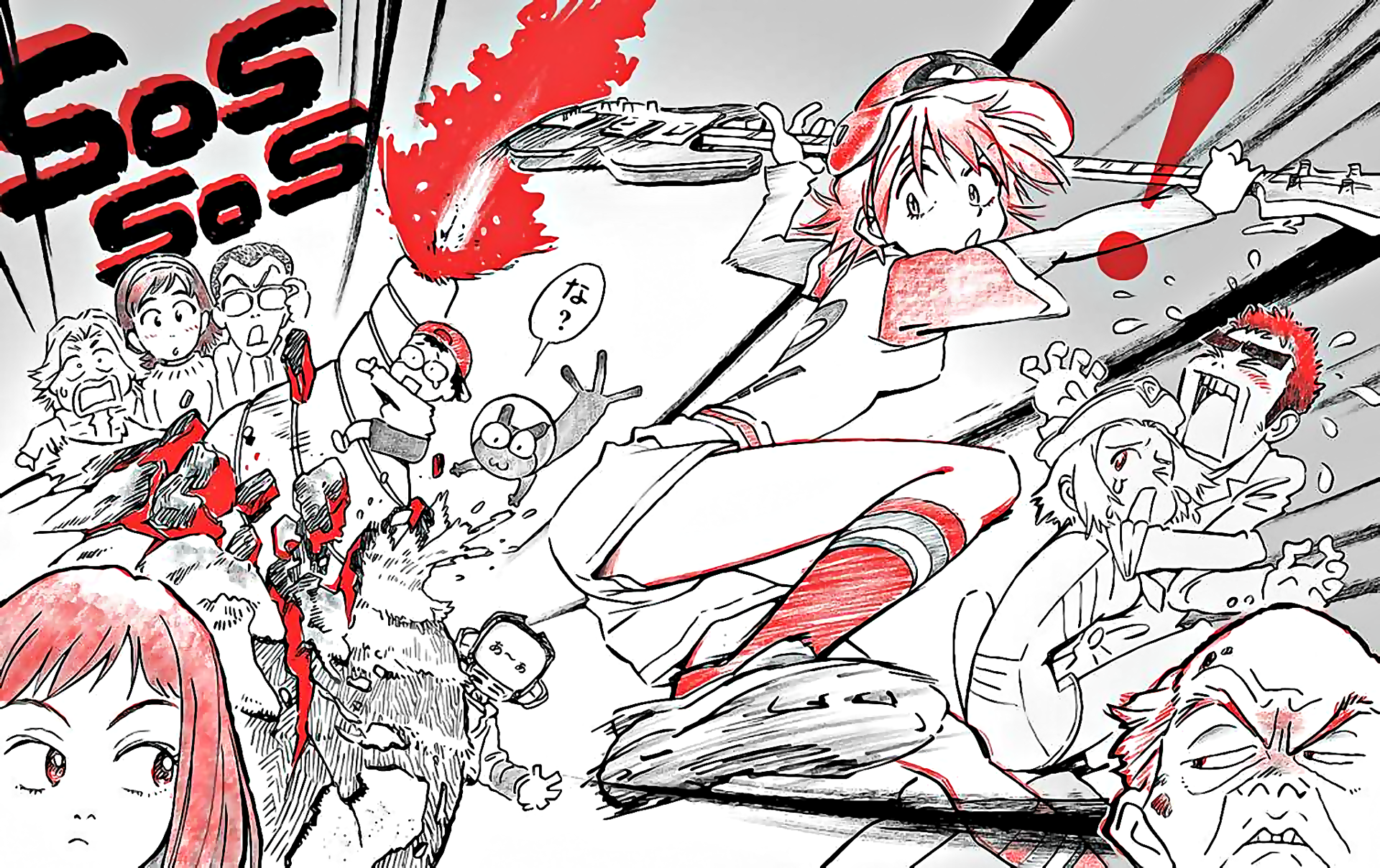 HD PC desktop wallpaper featuring dynamic black-and-white anime art from FLCL, highlighted with bold red accents and expressive character poses.