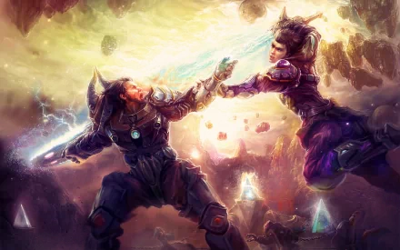 Fantasy battle HD PC desktop wallpaper: two armored warriors clash midair, trading a lightning-infused strike amid floating crystals and glowing mist.