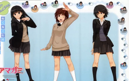 Amagami anime 2K Quad HD PC desktop wallpaper showing three schoolgirls in uniforms posing against a pale blue background with character icons along the borders.