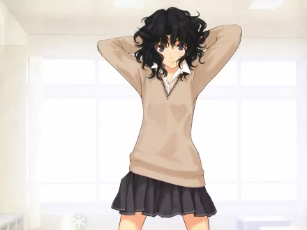 HD PC desktop wallpaper featuring an anime character from Amagami with curly black hair, wearing a beige sweater and a dark skirt, standing in front of bright windows.