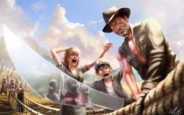 HD PC desktop wallpaper featuring an intense scene from the movie Indiana Jones and the Temple of Doom with characters on a rope bridge against a dramatic sky.