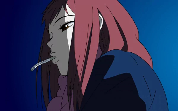 Anime-inspired HD wallpaper featuring a character from FLCL, depicted with a contemplative expression and a cigarette, set against a deep blue background.