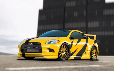 Yellow Mitsubishi vehicle — a sports car with racing stripes and gold wheels in front of a dark building, HD PC desktop wallpaper and background.