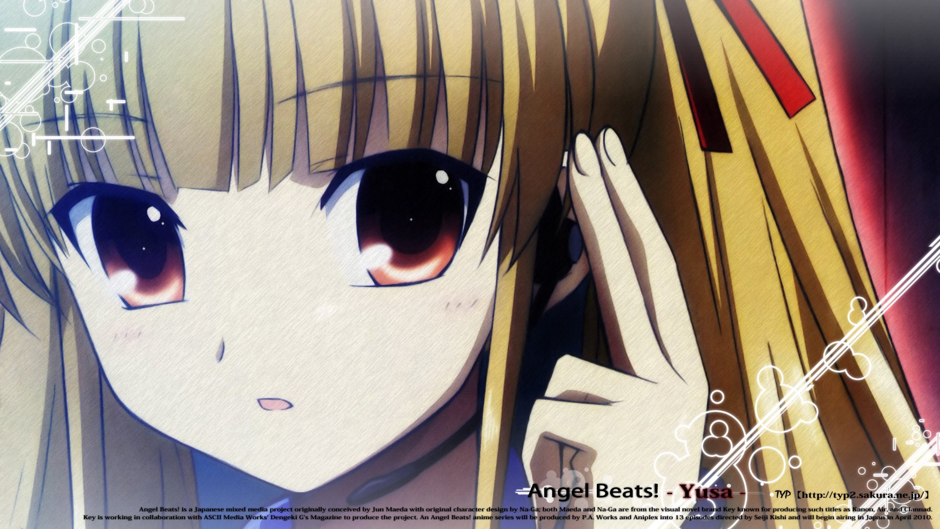HD PC desktop wallpaper of Yusa from the anime Angel Beats!, featuring a close-up of her detailed face and hand against a softly blurred background.