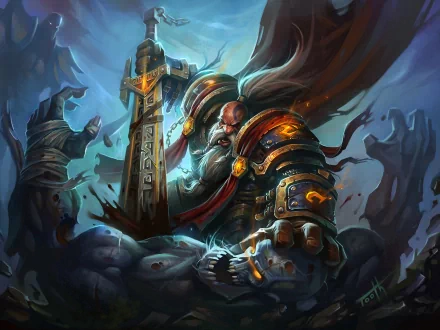 A fierce dwarf warrior battles an orc, wielding a massive sword in a dramatic scene inspired by World of Warcraft, featuring dark, atmospheric colors and dynamic action.