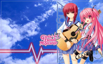 HD PC desktop wallpaper of Masami Iwasawa and Yui (Angel Beats!) — Masami with a guitar and pink-haired Yui posed against a blue sky, heartbeat line and Girls Dead Monster logo.
