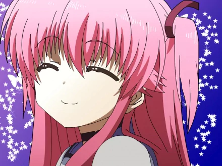 Yui (Angel Beats!) smiling pink‑haired anime girl with closed eyes against a starry purple backdrop — HD PC desktop wallpaper/background