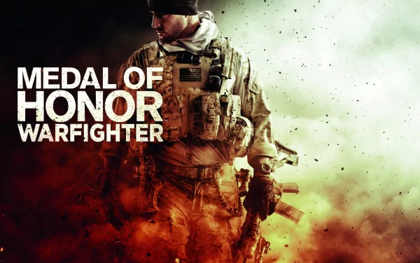 HD PC desktop wallpaper featuring a soldier from the video game Medal of Honor: Warfighter, set against a smoky, fiery background.