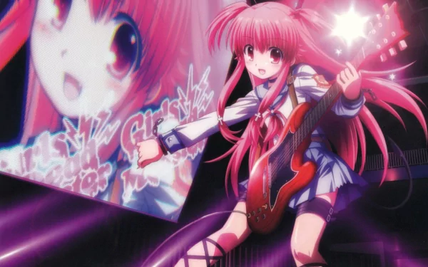 HD anime desktop wallpaper featuring Yui from Angel Beats! playing an electric guitar with vibrant pink and purple hues in the background.