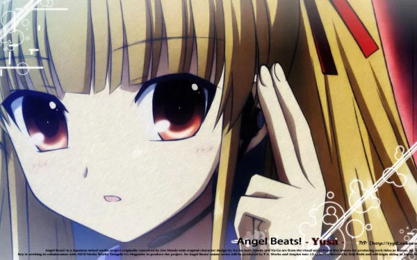 HD PC desktop wallpaper of Yusa from the anime Angel Beats!, featuring a close-up of her detailed face and hand against a softly blurred background.