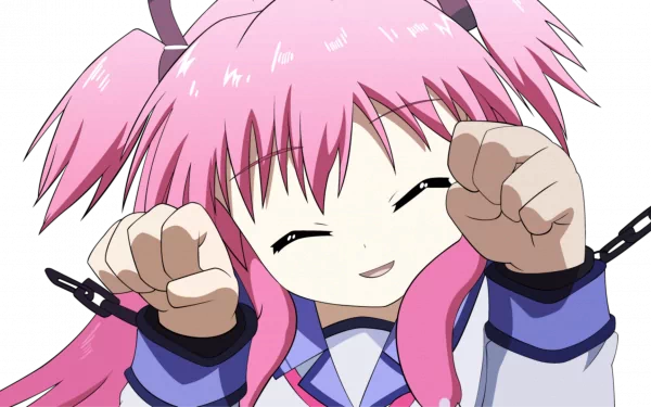 HD PC desktop wallpaper featuring Yui from the anime Angel Beats! with pink twin tails smiling and making a playful gesture.