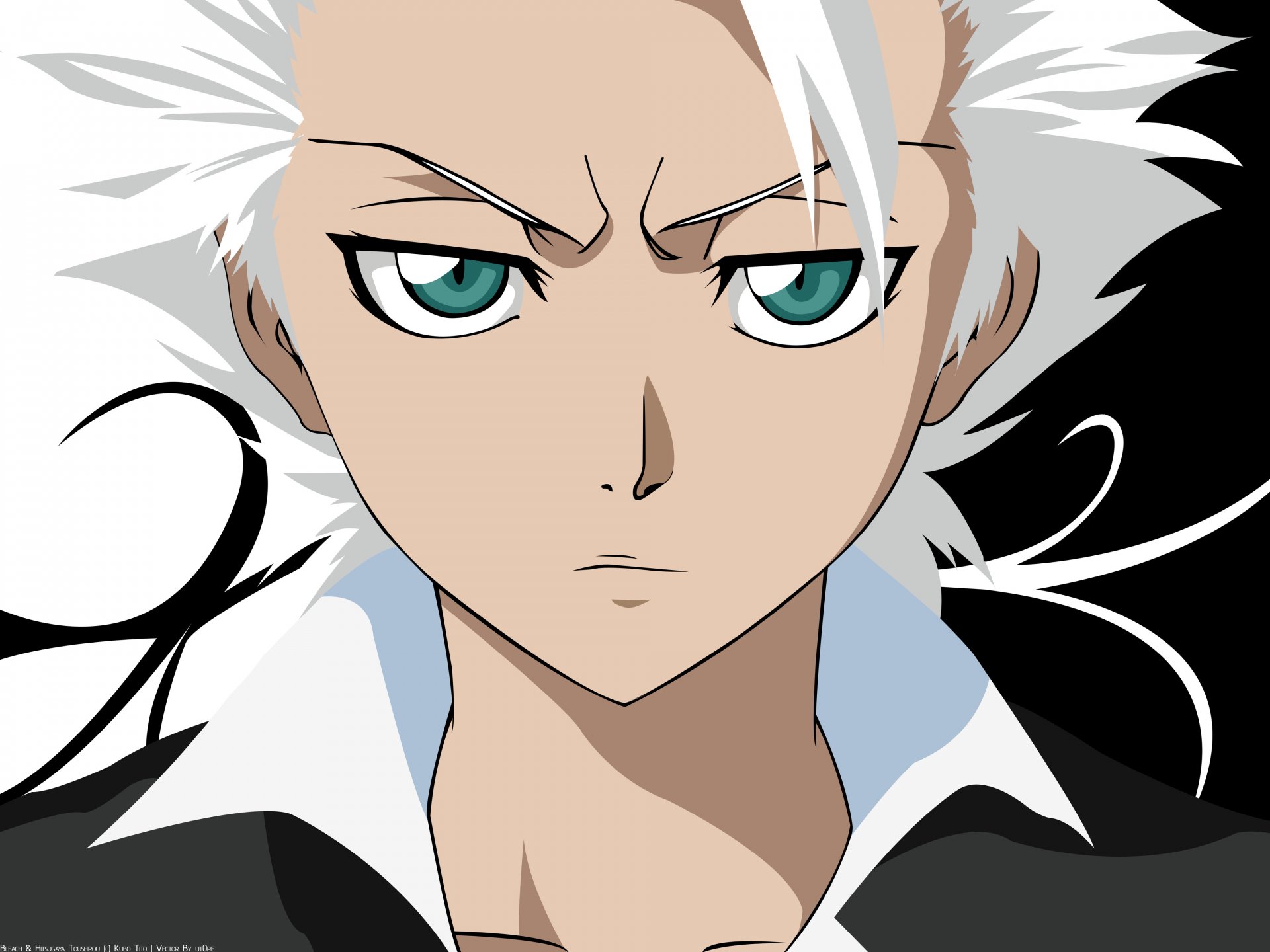 4K Ultra HD PC desktop wallpaper featuring Tōshirō Hitsugaya from the anime Bleach with intense blue eyes and white hair against a dark, stylized background.
