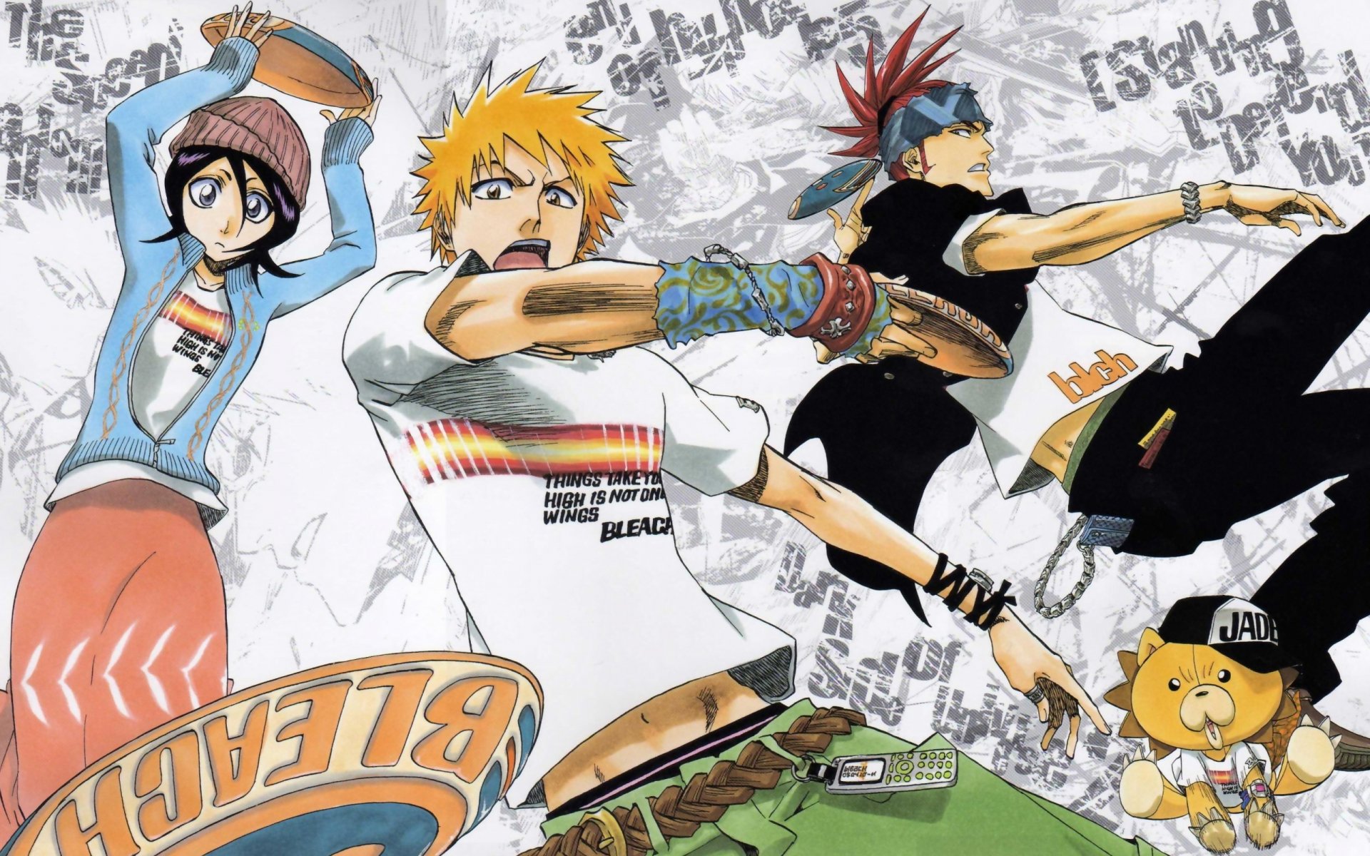 HD anime desktop wallpaper featuring Bleach characters Ichigo Kurosaki, Rukia Kuchiki, Renji Abarai, and Kon in dynamic action poses with a textured gray background.