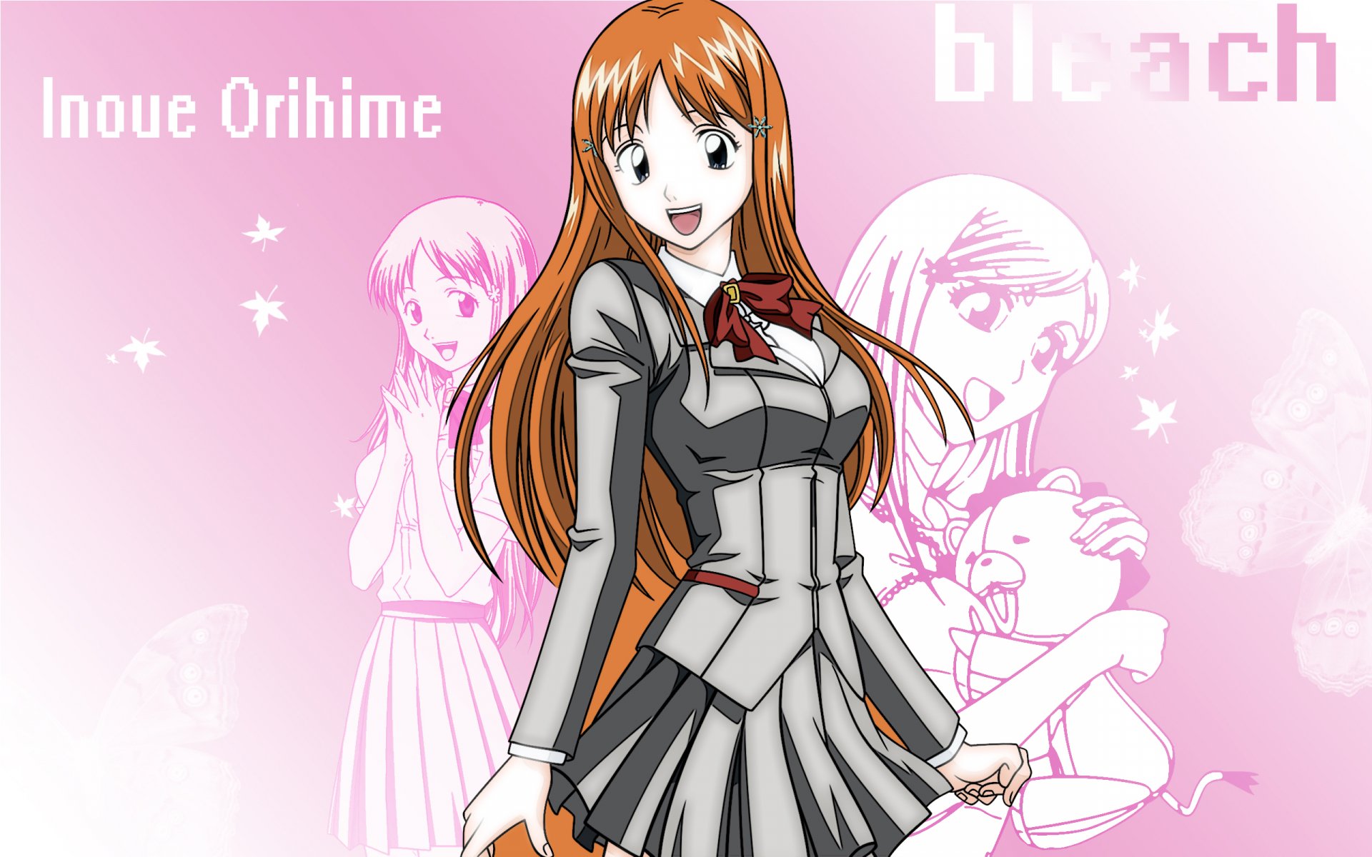 Orihime Inoue from Bleach in anime style, smiling against a pink backdrop in a 2K Quad HD PC desktop wallpaper/background, wearing her school uniform.