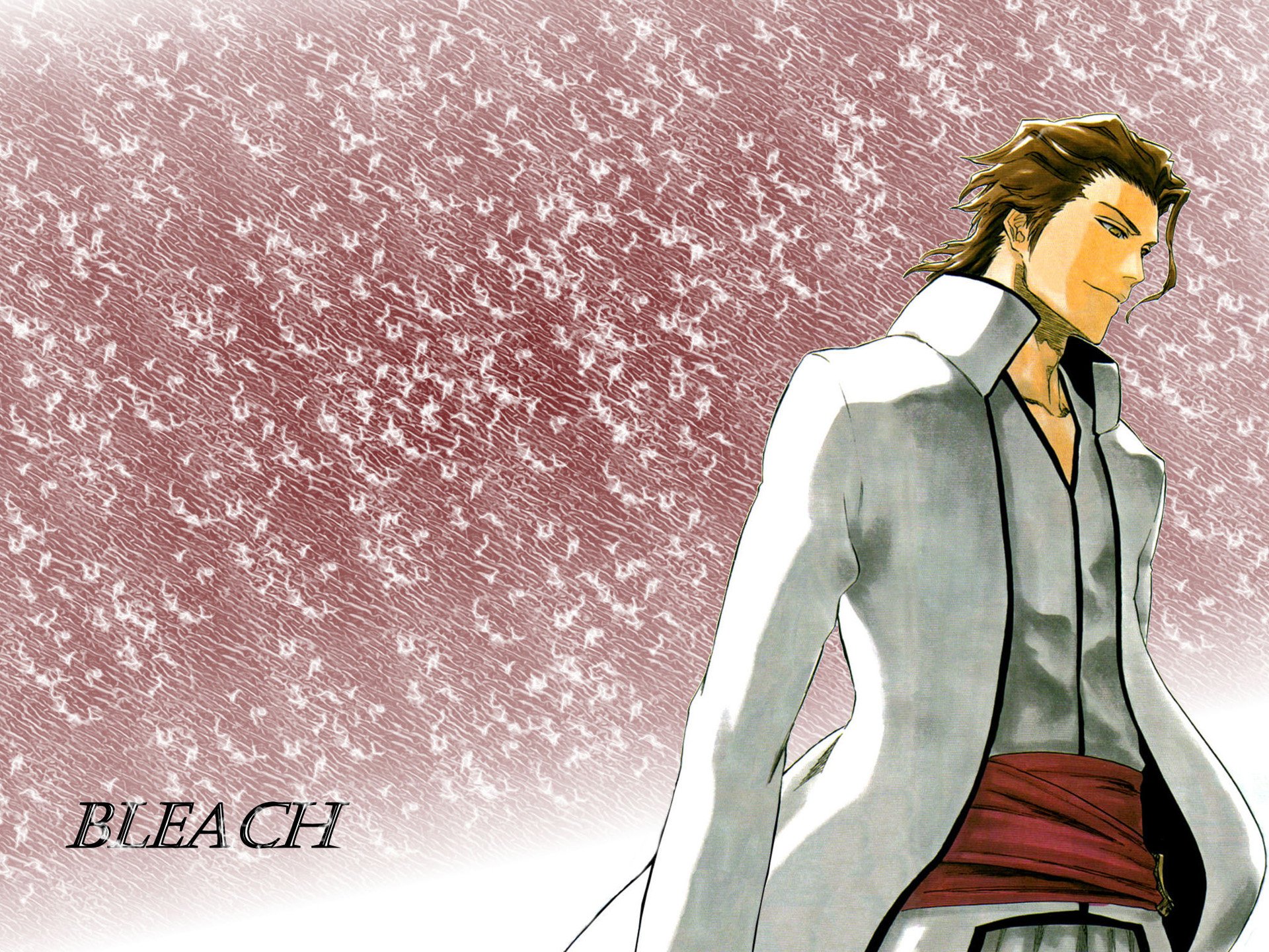 HD desktop wallpaper of Sōsuke Aizen from the anime Bleach, featuring him in a white coat against a textured pink background with the Bleach logo.