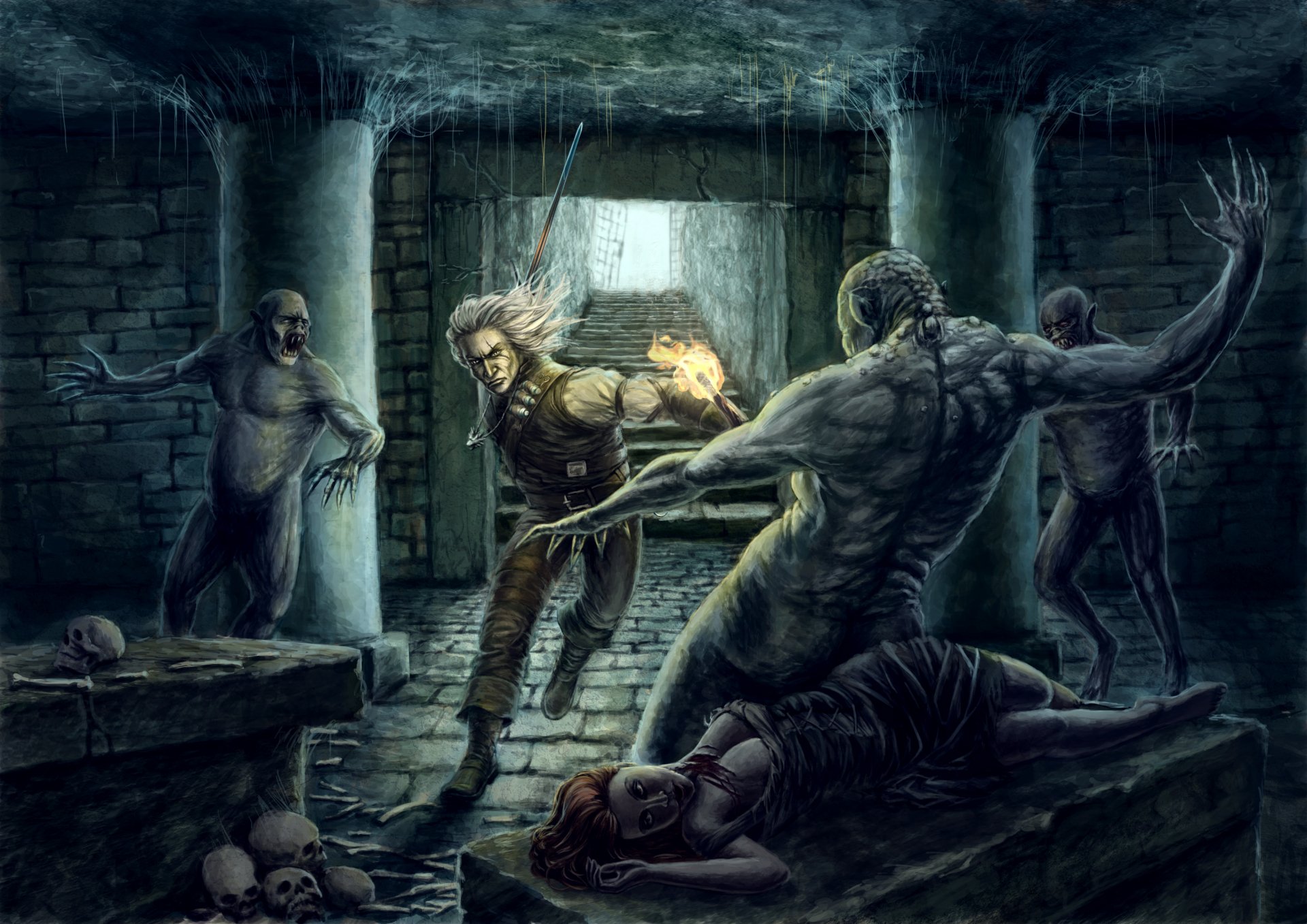 A dark, atmospheric HD PC wallpaper depicting a warrior battling zombies in a dungeon, inspired by The Witcher video game’s dark gaming aesthetic.