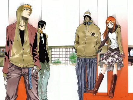 4K Ultra HD Bleach anime wallpaper featuring Ichigo Kurosaki, Uryu Ishida, Yasutora Sado, and Orihime Inoue standing together in casual attire.