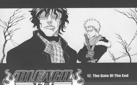 Black and white 4K Ultra HD Bleach anime wallpaper featuring Ichigo Kurosaki and Yasutora Sado with barren trees and The Gate Of The End text.