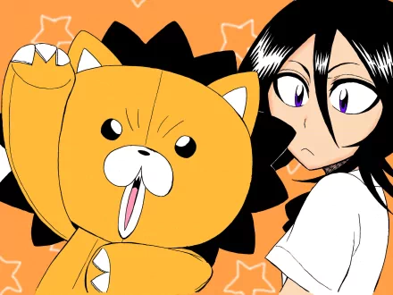HD anime wallpaper featuring Rukia Kuchiki and Kon from Bleach with a vibrant orange background.
