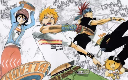 HD anime desktop wallpaper featuring Bleach characters Ichigo Kurosaki, Rukia Kuchiki, Renji Abarai, and Kon in dynamic action poses with a textured gray background.