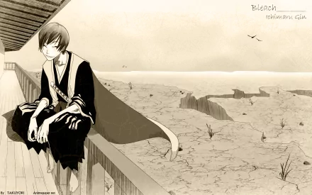 Sepia 2K Quad HD desktop wallpaper of anime character Gin Ichimaru from Bleach, seated on a railing with a sly smile, overlooking a windswept coastal landscape.