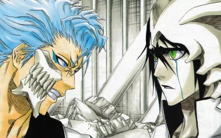 HD anime desktop wallpaper featuring Ulquiorra Cifer and Grimmjow Jaegerjaquez from Bleach in an intense face-off scene.