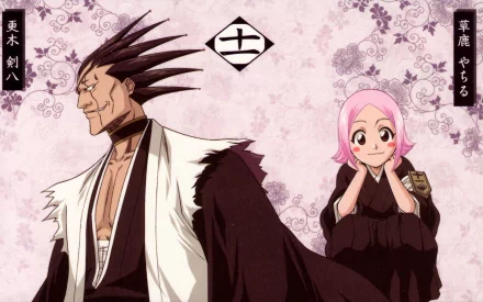 Kenpachi Zaraki and Yachiru Kusajishi from the anime Bleach are featured in this HD desktop wallpaper, showcasing their distinctive styles against a decorative pink background.