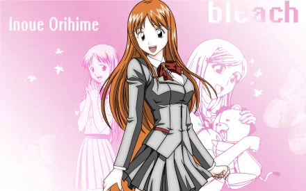 Orihime Inoue from Bleach in anime style, smiling against a pink backdrop in a 2K Quad HD PC desktop wallpaper/background, wearing her school uniform.