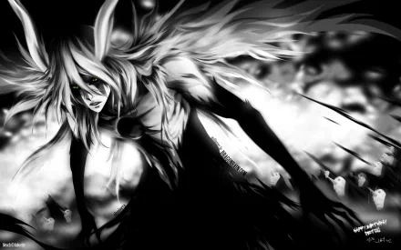 A high-definition wallpaper featuring Ulquiorra Cifer from the anime Bleach, depicted in black and white with intense detail and dynamic energy.