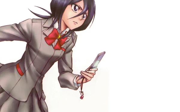 Rukia Kuchiki from the anime Bleach is depicted in a dynamic pose on a 4K Ultra HD PC desktop wallpaper with a clean white background.