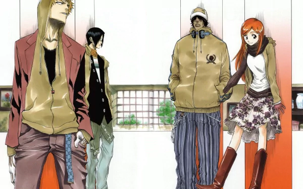 4K Ultra HD Bleach anime wallpaper featuring Ichigo Kurosaki, Uryu Ishida, Yasutora Sado, and Orihime Inoue standing together in casual attire.